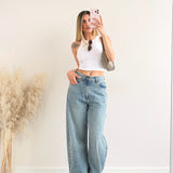 Top corto a costine scollo all'americana bianco