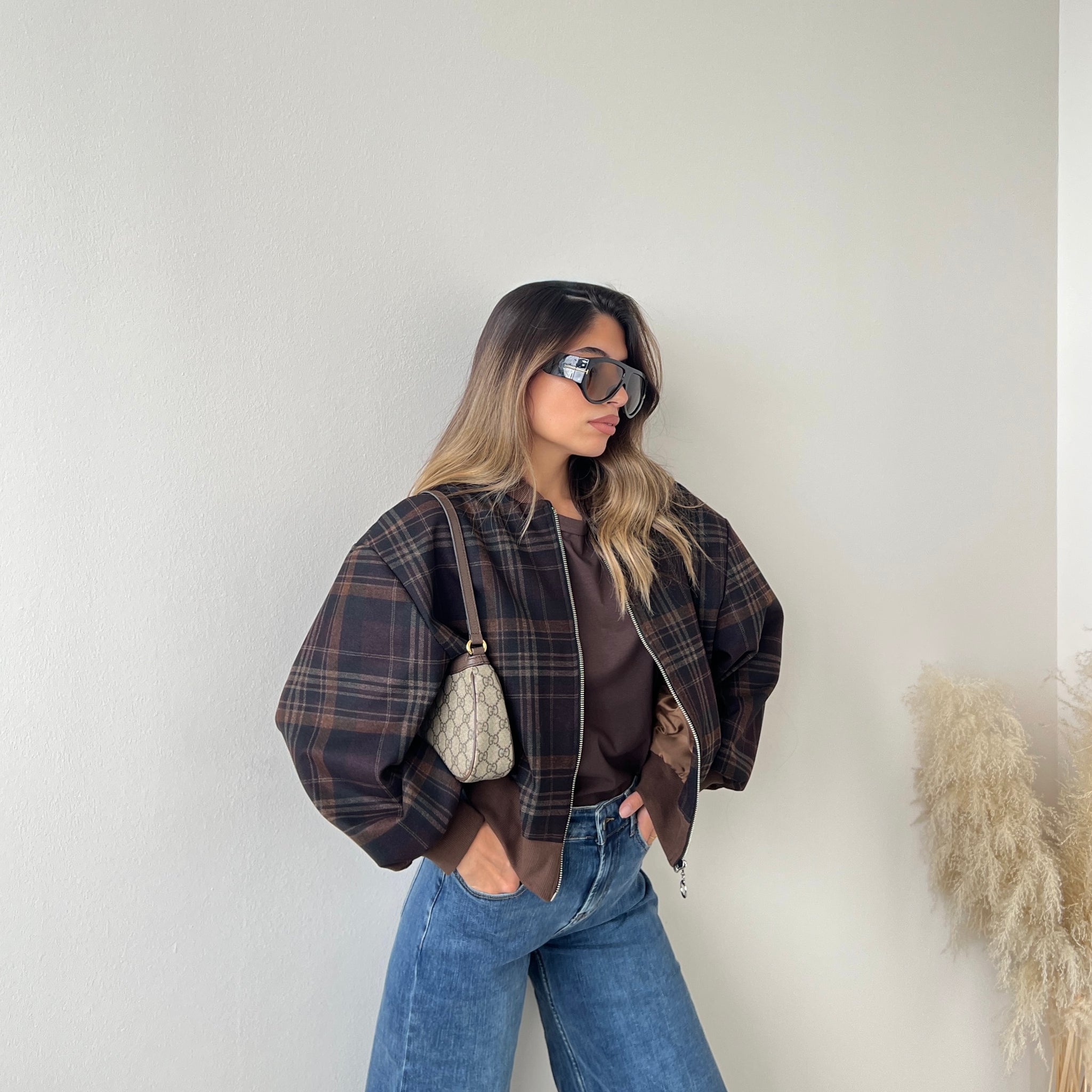 Bomberino in tartan marrone