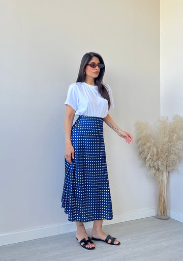 Gonna effetto raso a pois blu