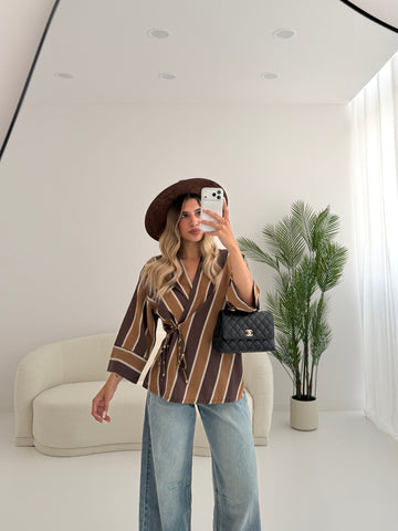 Kimono in cotone a righe brown e camel