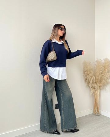 Felpa con camicia cucita blu