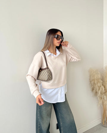 Felpa con camicia cucita beige
