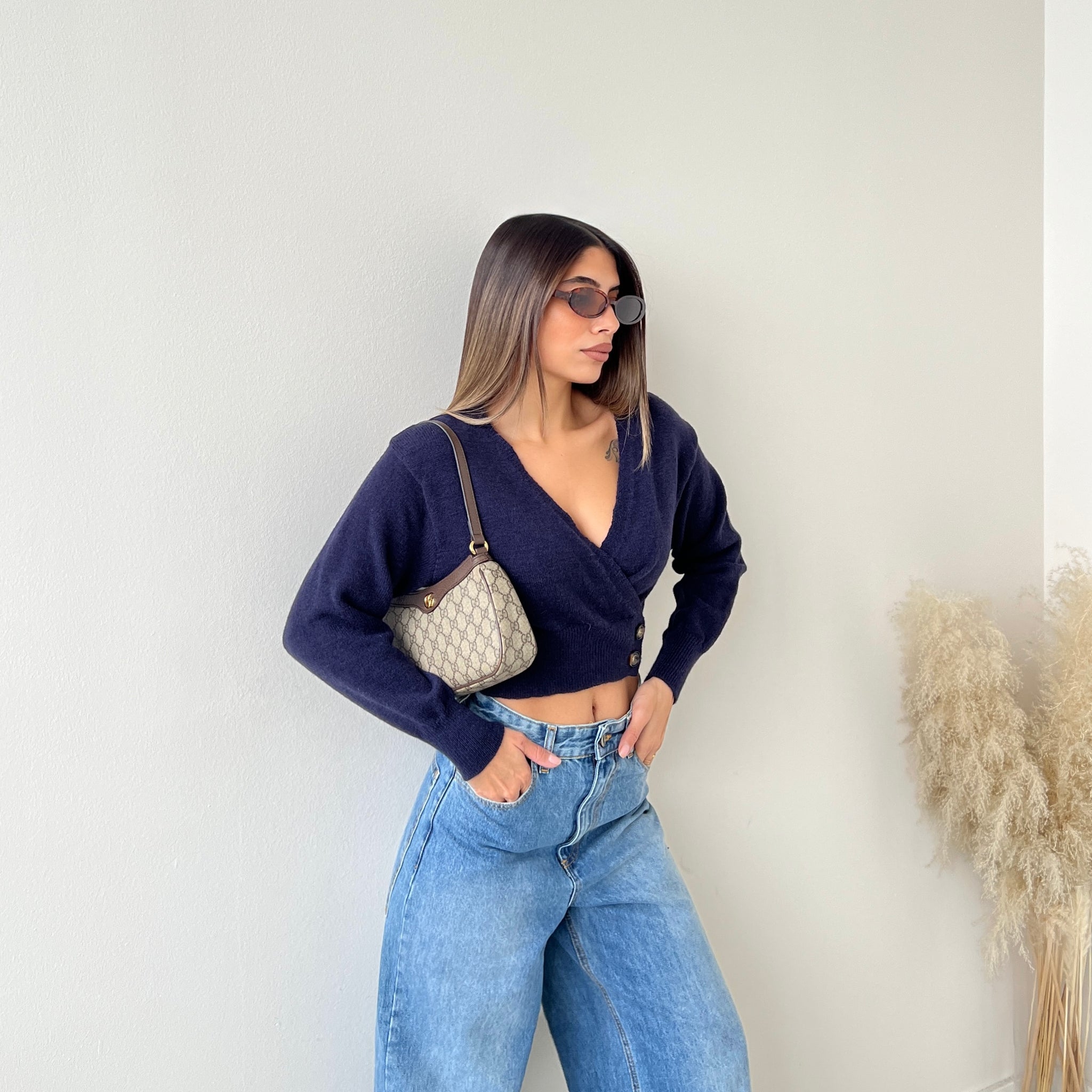 Top in maglia misto lana blu