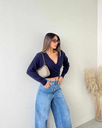 Top in maglia misto lana blu