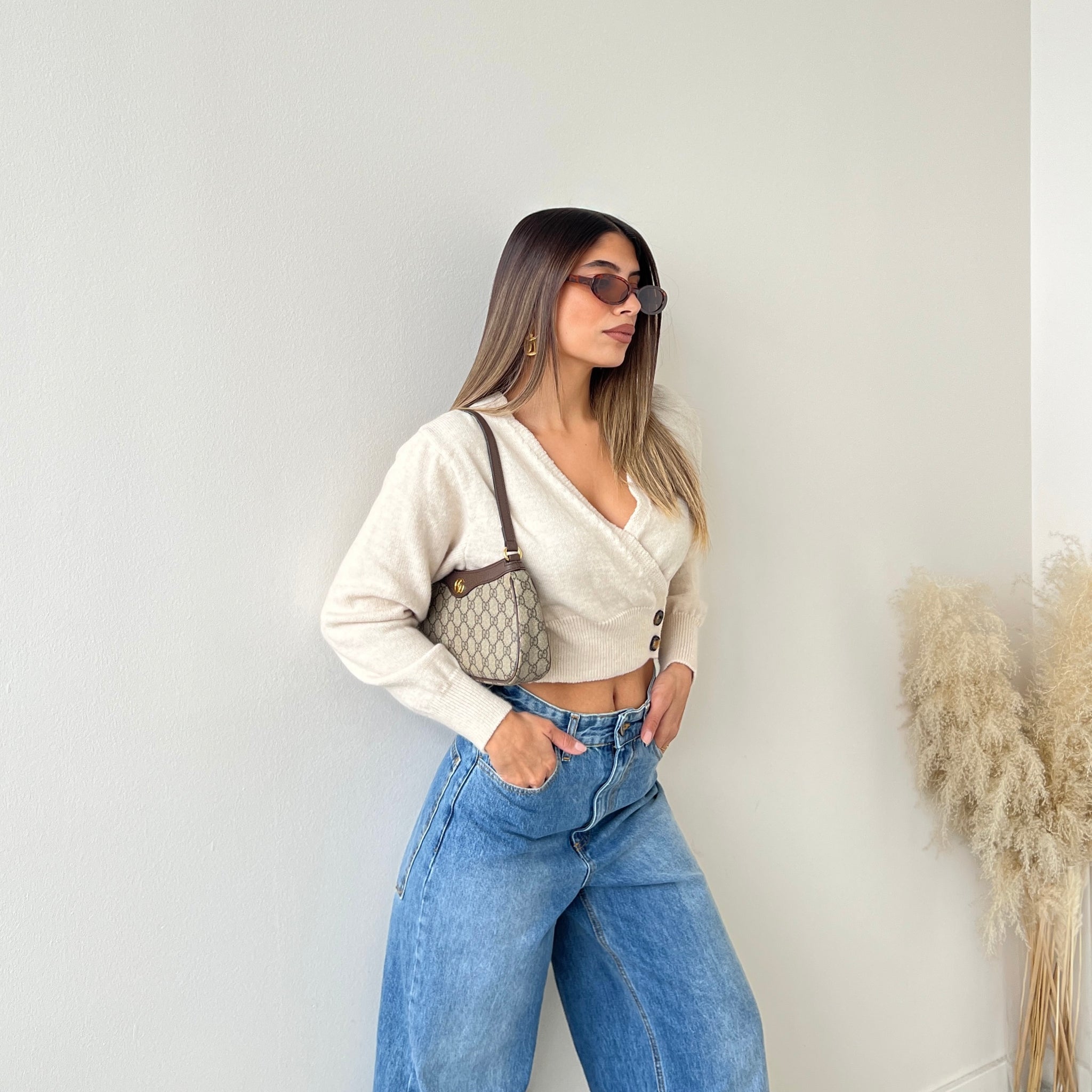 Top in maglia misto lana crema
