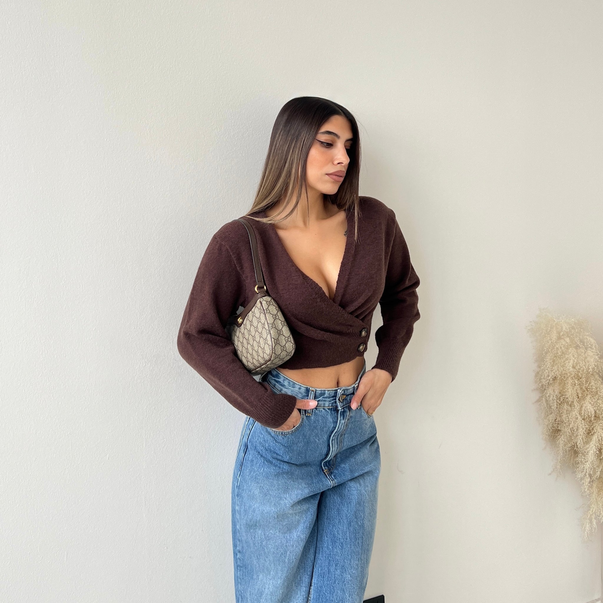 Top in maglia misto lana caffè