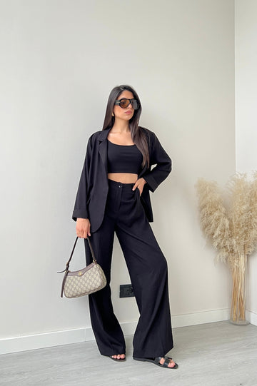 Completo effetto lino giacca + pantalone nero