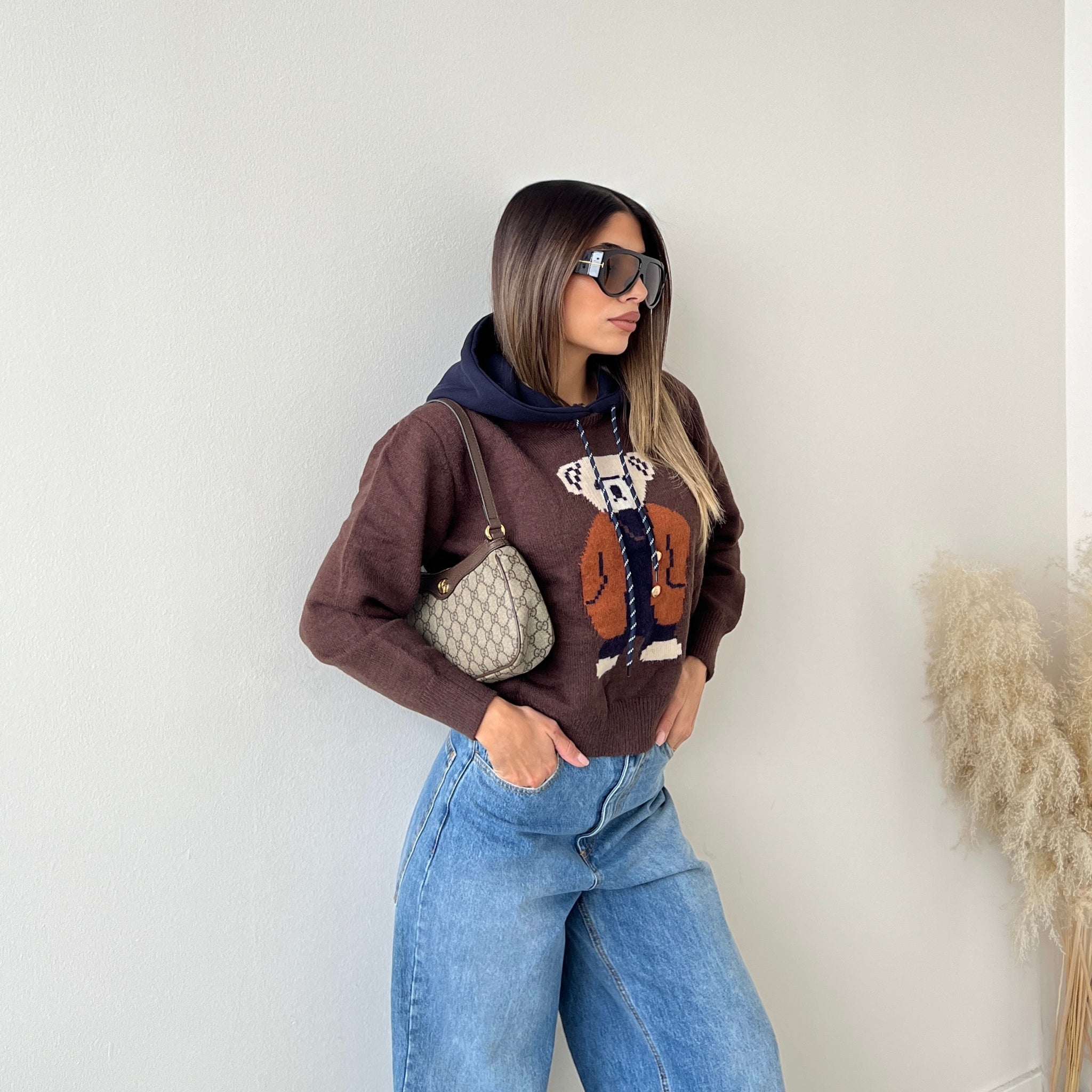 Pullover Teddy con cappuccio caffè