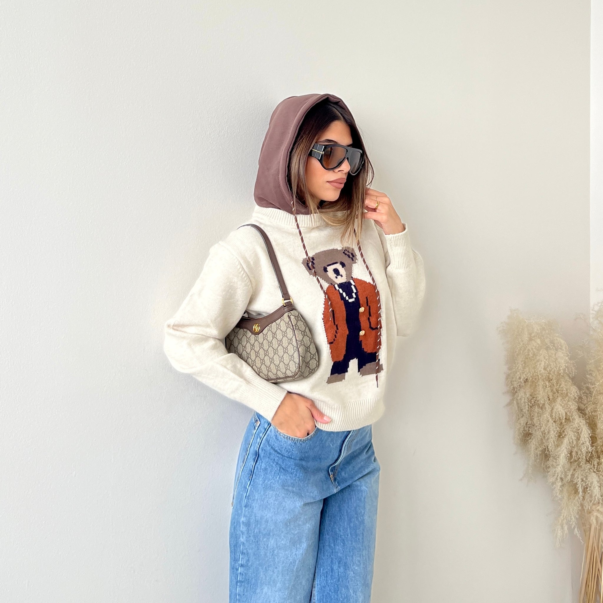 Pullover Teddy con cappuccio sabbia