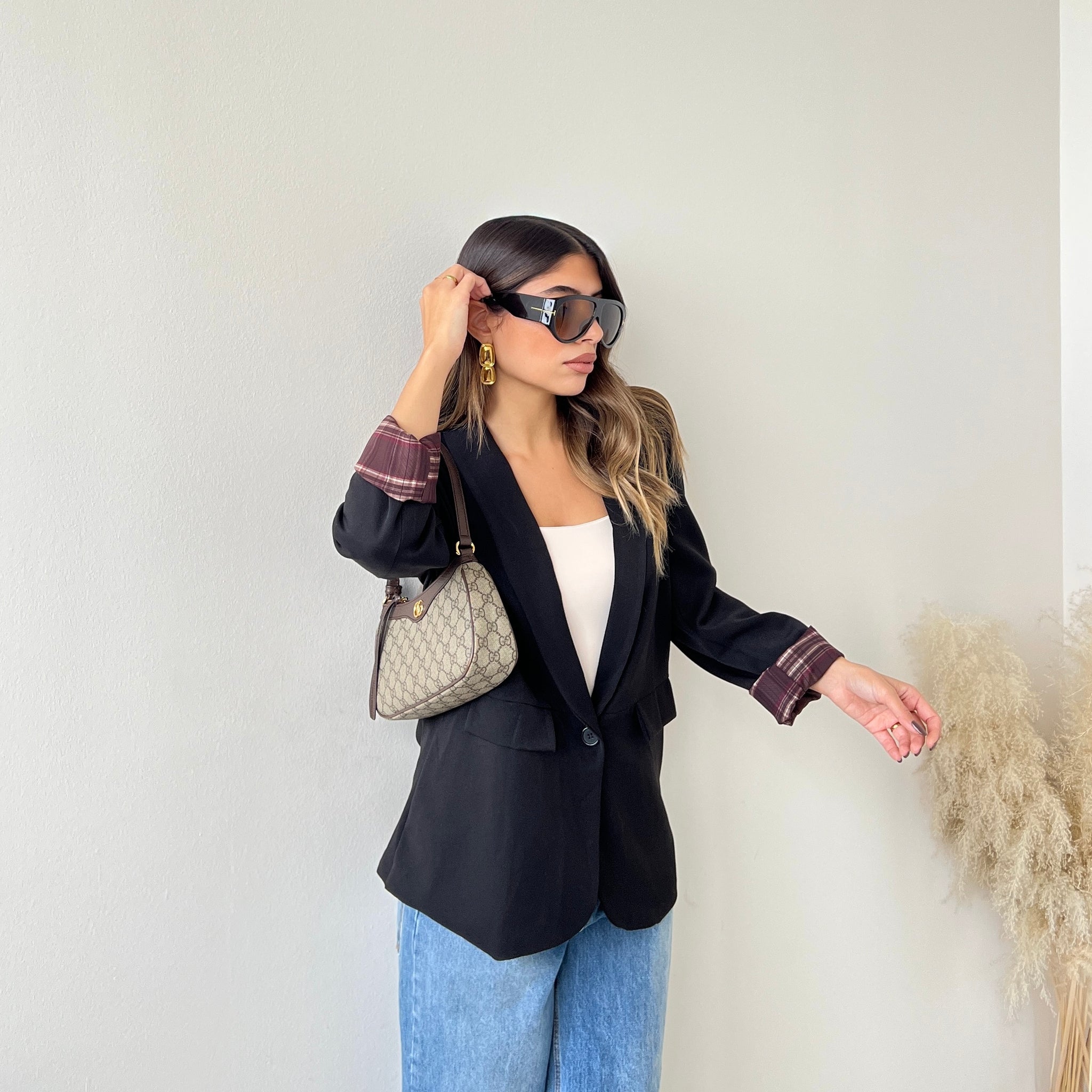 Blazer risvolti tartan nero