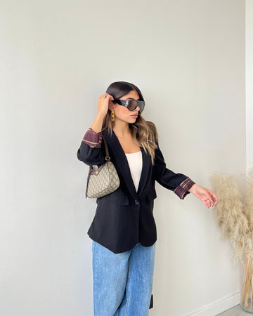 Blazer risvolti tartan nero