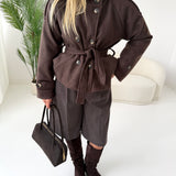 Cappotto in panno con bottoni a collo alto con cintura brown