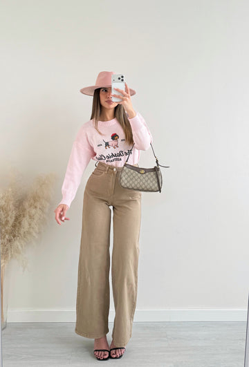 Jeans palazzo a vita alta fango 5002-7