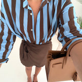 Camicia coreana a righe celeste e brown