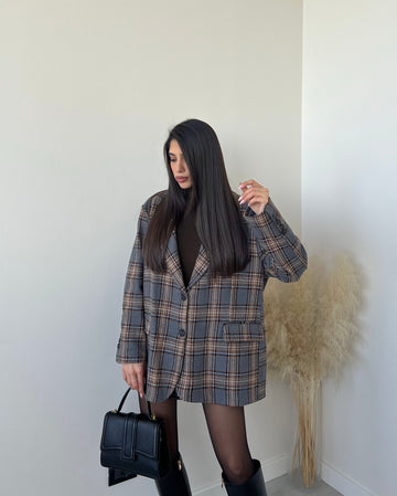 Giacca oversize in misto lana tartan grey