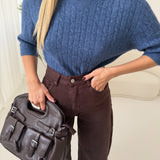 Maglia con trecce a mezza manica blu jeans