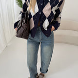 Cardigan rombo blu beige e panna