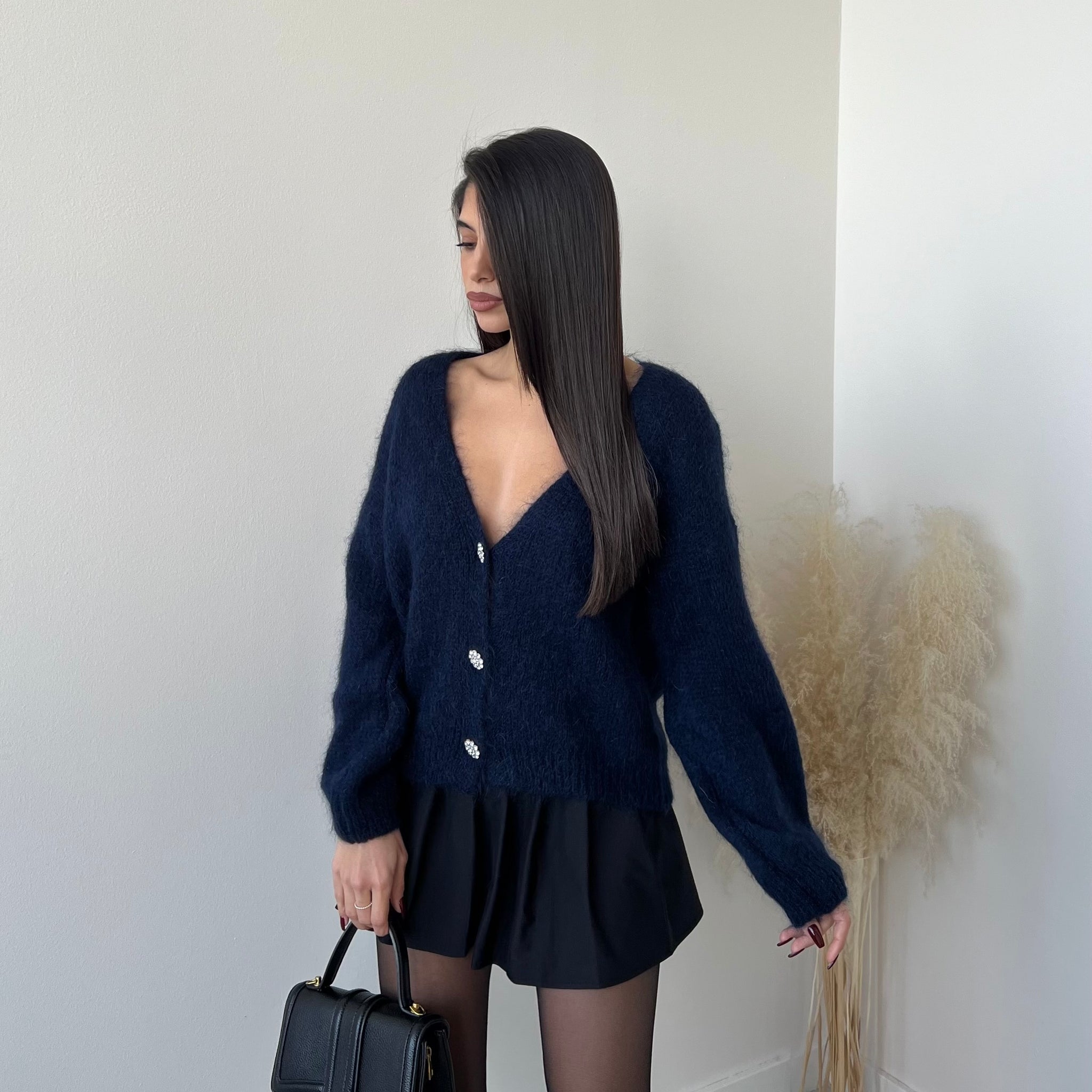 Cardigan mohair con bottoni brillanti blu