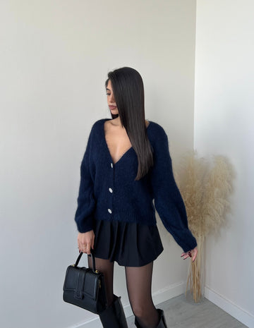 Cardigan mohair con bottoni brillanti blu