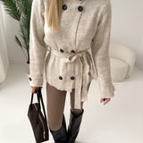Cardigan doppiopetto collo alto con cintura beige