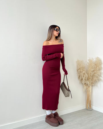 Abito con risvolto in maglia lungo bordeaux