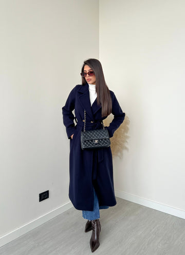 Cappotto Classic con cintura blu navy