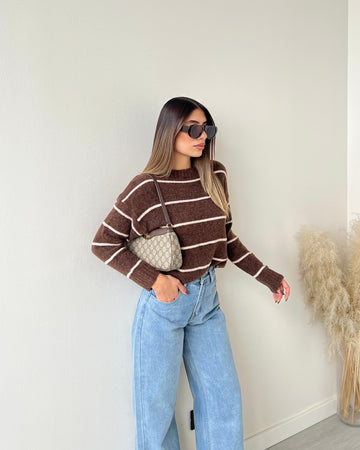 Maglione caffè a righe crema