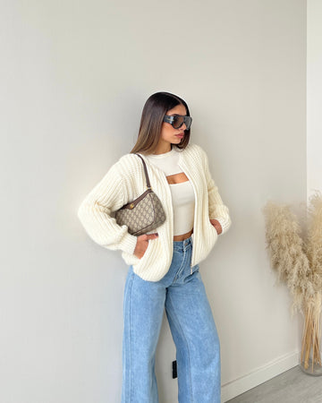 Cardigan stile bomber con zip in maglia panna