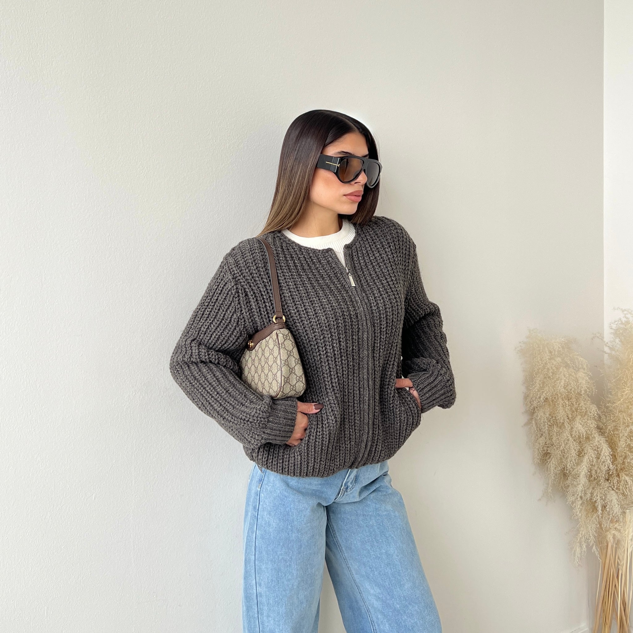 Cardigan stile bomber con zip in maglia antracite