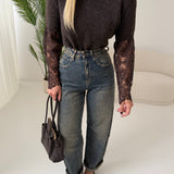 Pullover manica in pizzo brown
