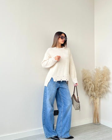 Maglione sfrangiato taglio vivo beige