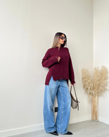 Maglione sfrangiato taglio vivo bordeaux