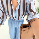Camicia coreana doppia riga celeste e brown