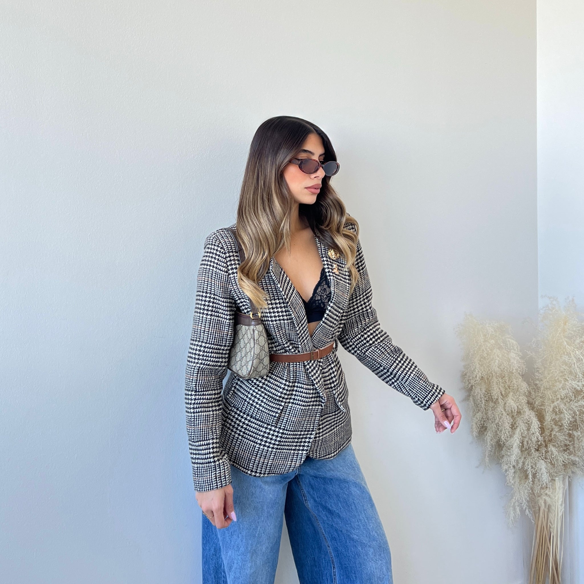 Giacca tartan con cinturino nero