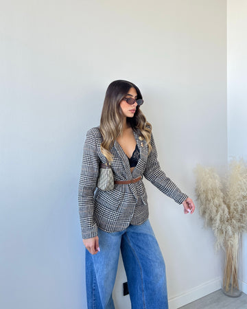 Giacca tartan con cinturino nero