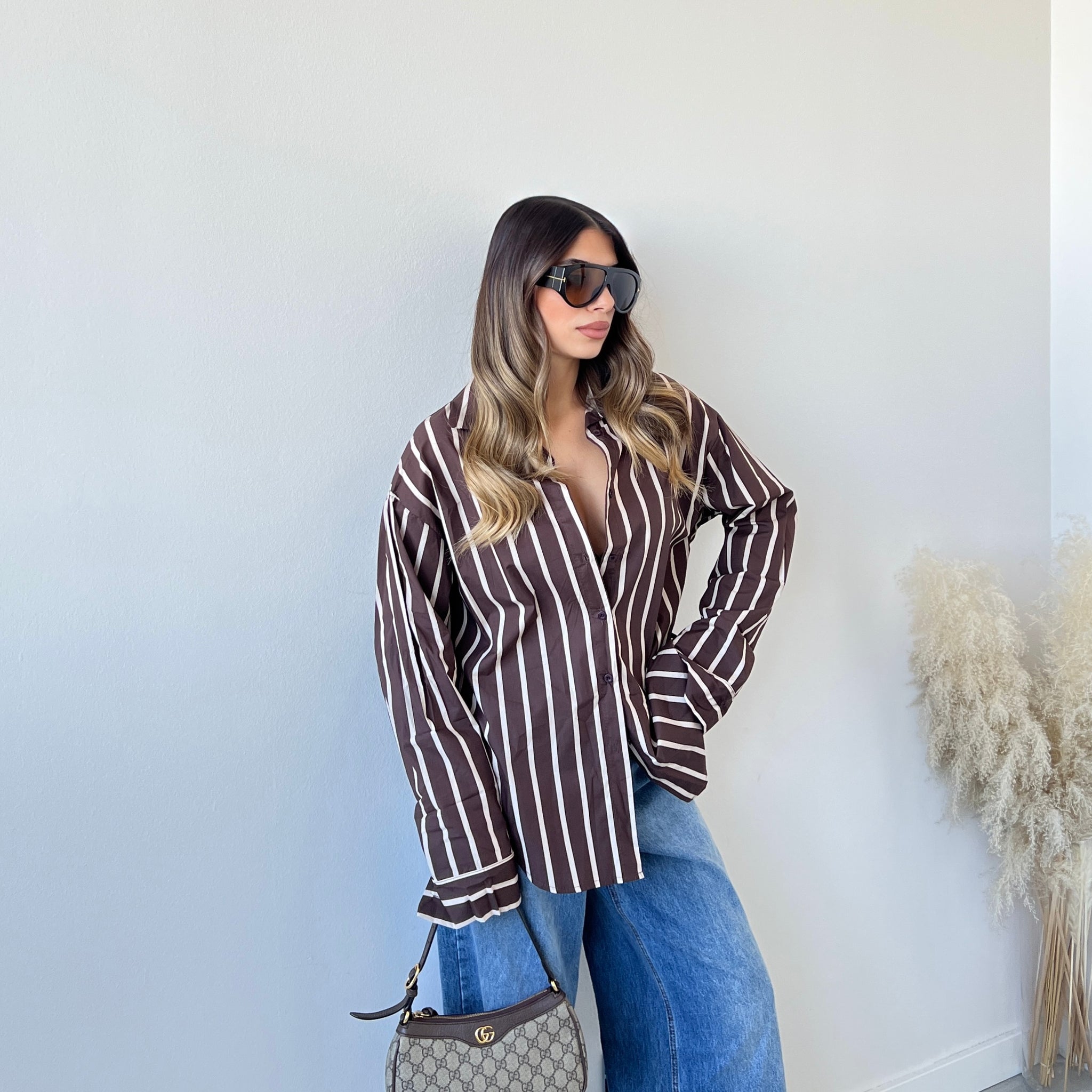 Camicia 100% cotone a righe larghe caffè