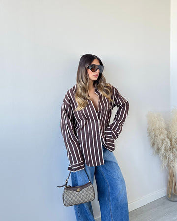 Camicia 100% cotone a righe larghe caffè