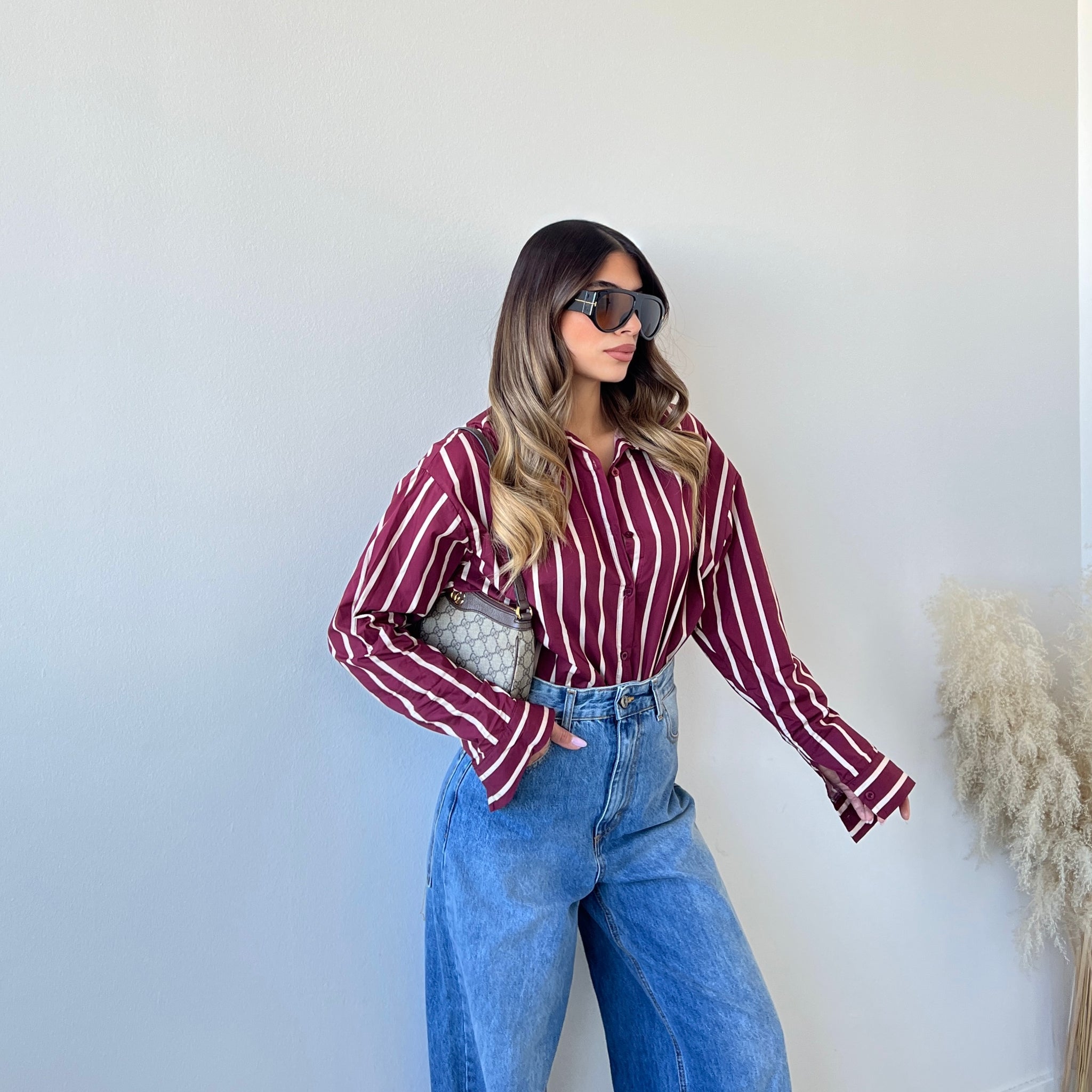 Camicia 100% cotone a righe larghe bordeaux