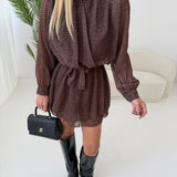 Abito a collo alto con cintura a micro pois brown