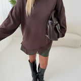 Maxi pull taglio obliquo con pizzo brown