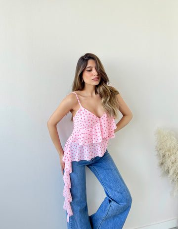 Blusa con fascia voulant a fiorellini rosa