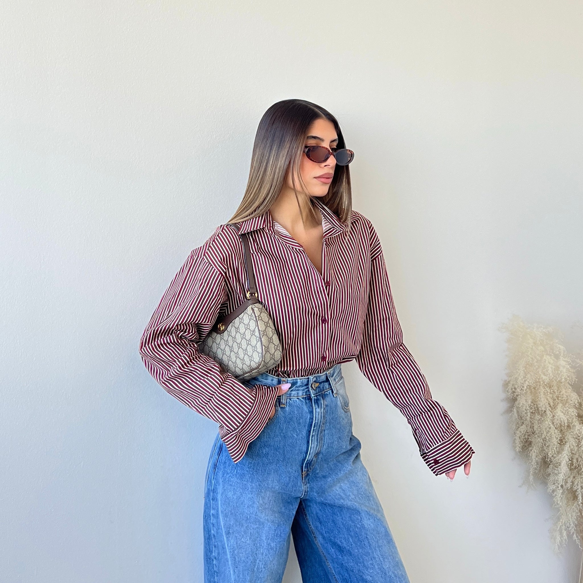 Camicia in cotone a righe marrone e bordeaux