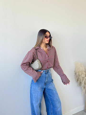 Camicia in cotone a righe marrone e bordeaux