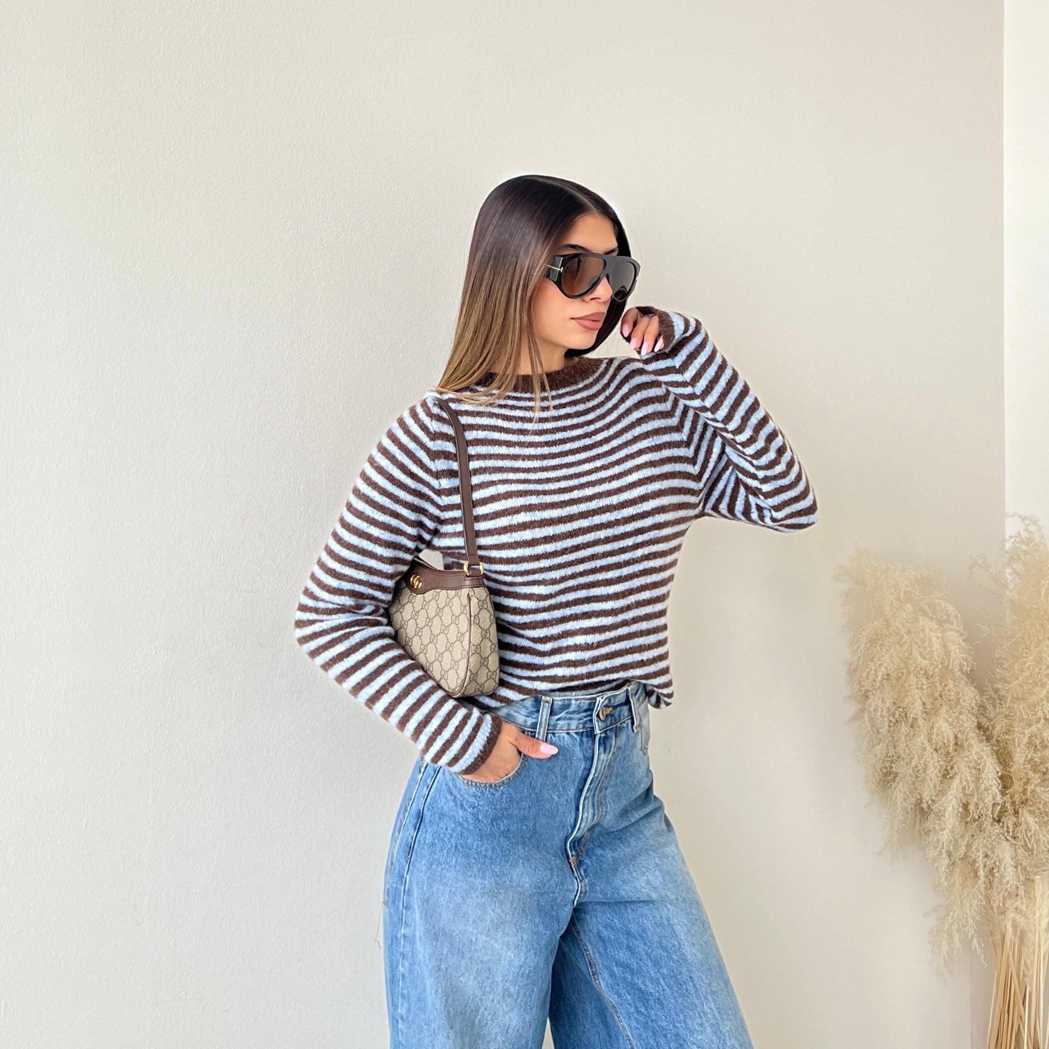 Pullover a righe bicolore 25168 celeste e marrone