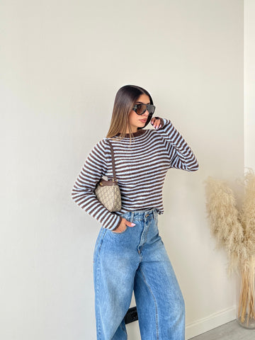 Pullover a righe bicolore 25168 celeste e marrone