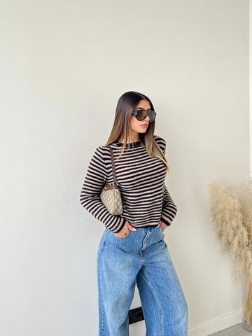 Pullover a righe bicolore 25168 blu e beige