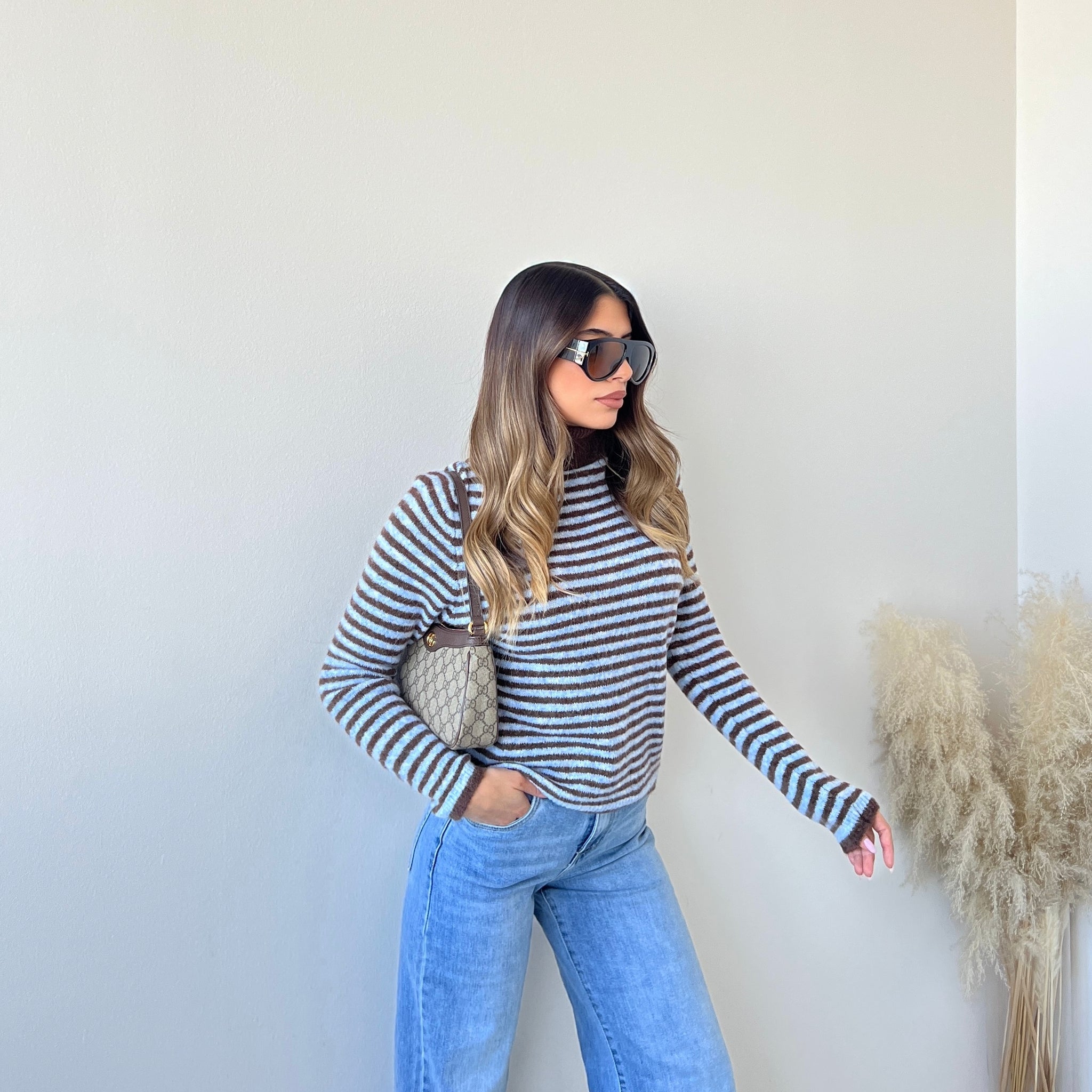 Dolcevita a righe celeste e caffè