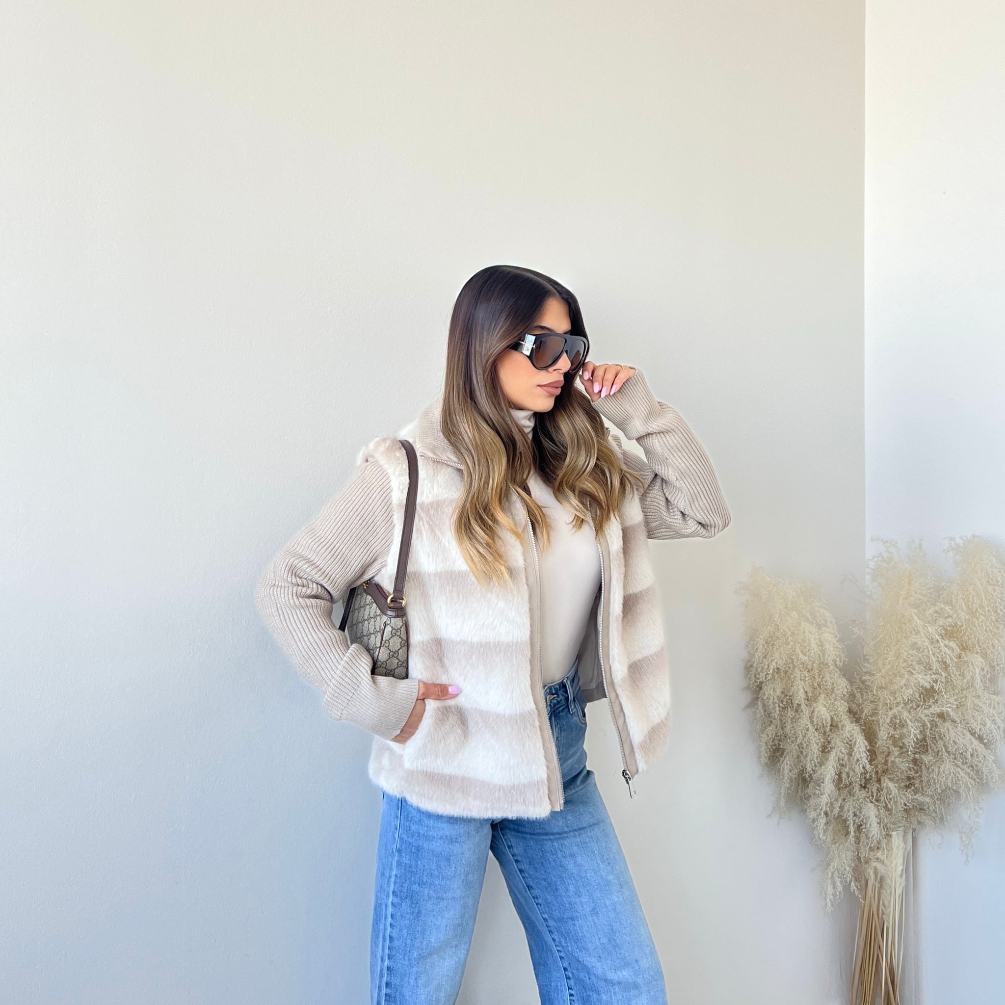 Giacca in maglia con ecopelliccia SH1851 beige