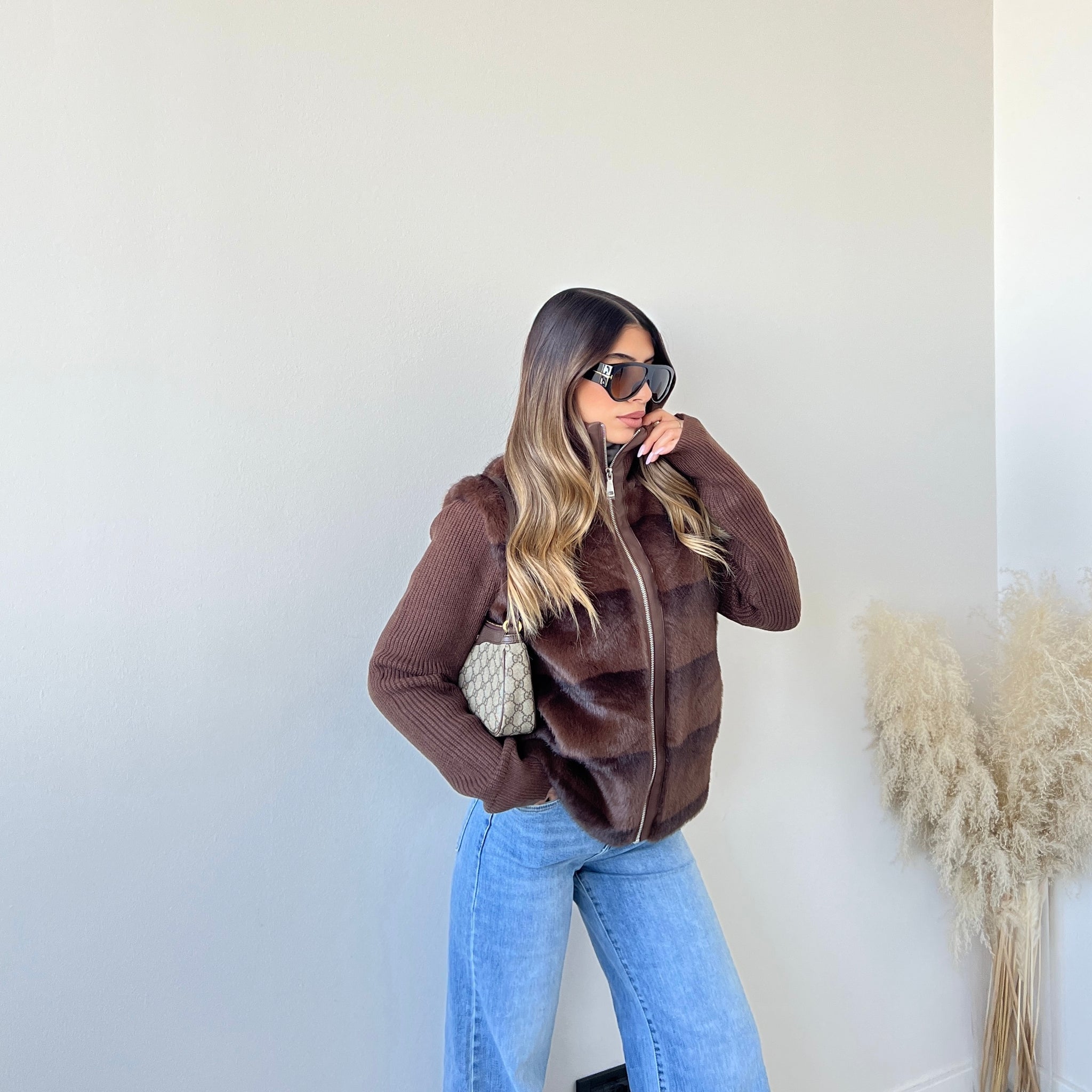 Giacca in maglia con ecopelliccia SH1851 caffè