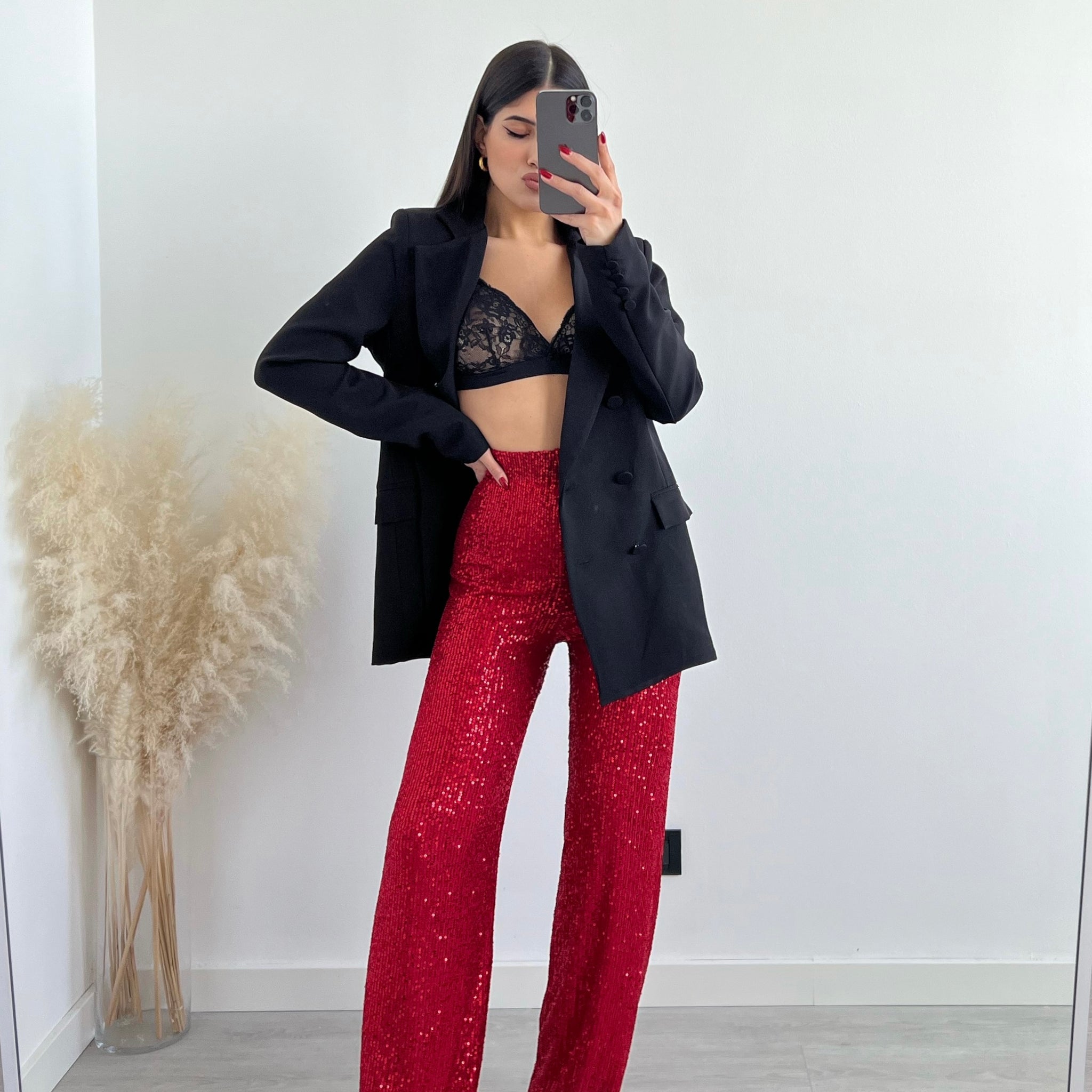 Pantalone lungo in paillettes rosso